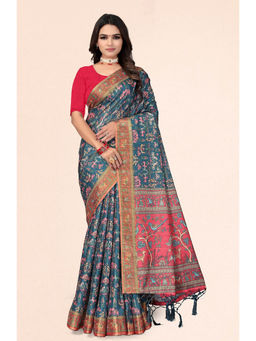 Suha - Tussar Digital Print In Teal Blue And Red Saree With Unstitched Blouse