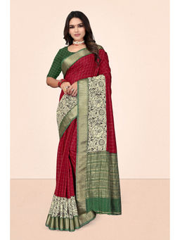 Suha - Viscose Jari Chex In Maroon And Green With Chit Pallu Saree With Unstitched Blouse
