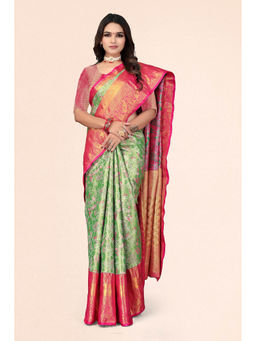 Suha - Pattu In Parrot Green And Rani Pink With Gold Zari Weaving Saree With Unstitched Blouse