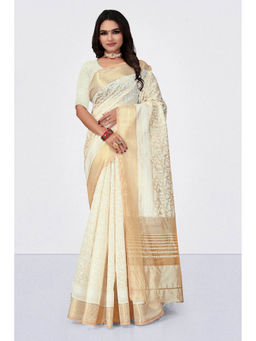 Suha - Tussar Khadi Print In Ivory And Gold With Zari Border Saree With Unstitched Blouse