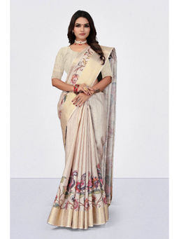 Suha - Elegant Russian Chex In Cream With Floral Digital Print Saree With Unstitched Blouse