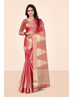 Suha - Tissue In Coral Red With Golden Geometric Pallu Saree With Unstitched Blouse