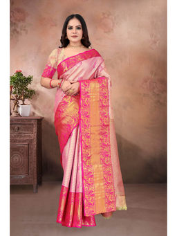 Suha - Pattu Silk In Rose Pink And Gold With Traditional Zari Saree With Unstitched Blouse