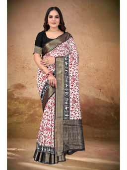 Suha - Muslin Chit Pallu Ethnic Red And Black Tribal Print Saree With Unstitched Blouse