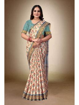 Suha - Elegant Beige Tusser Matka Silk Floral Print Saree With Unstitched Blouse