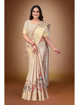 Suha - Elegant Russian Chex In Beige With Kalamkari Inspired Pallu Saree With Unstitched Blouse