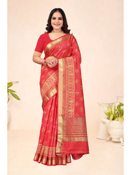 Suha - Tusser Silk Chit Pallu In Red With Golden Zari Border Saree With Unstitched Blouse
