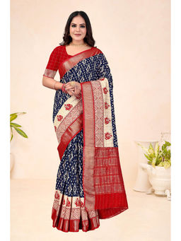 Suha - Viscose Muslin Chex Chit Pallu And Ikat Pattern Saree With Unstitched Blouse