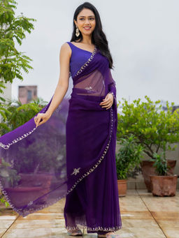 Pretty Pallu - Blue Handwork Gota Saree With Unstitched Blouse