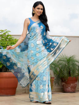 Pretty Pallu - Rajwadi Bhandej Blue Zari Saree With Unstitched Blouse