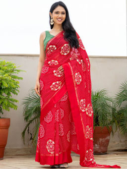 Pretty Pallu - Heritage Bhandej Red Gota Saree With Unstitched Blouse