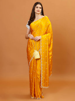 MEENA BAZAAR - Embroidered Yellow Chinon Saree With Unstitched Blouse