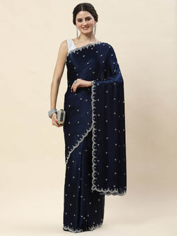 MEENA BAZAAR - Embroidered Blue Chinon Saree With Unstitched Blouse