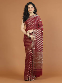 MEENA BAZAAR - Red Chiffon Saree With Unstitched Blouse