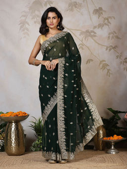 MEENA BAZAAR - Embroidered Green Georgette Saree With Unstitched Blouse