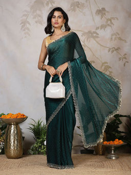 MEENA BAZAAR - Green Tissue Saree With Unstitched Blouse