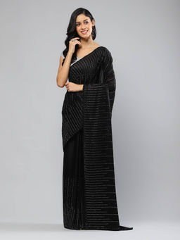 MEENA BAZAAR - Embroidered Black Satin Saree With Unstitched Blouse