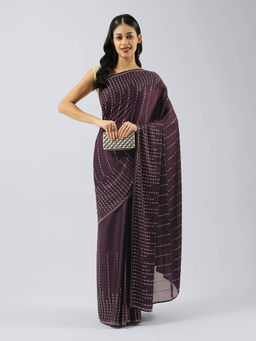 MEENA BAZAAR - Embroidered Purple Satin Saree With Unstitched Blouse