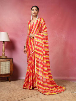 MEENA BAZAAR - Red Chiffon Saree With Unstitched Blouse