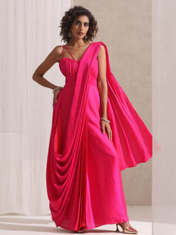 Swtantra - Dress Adjustable Straps In Fuchsia Satin Saree With Unstitched Blouse