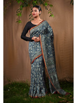 Unnati Silks - Blue Pure Bagru Block Printed Chanderi Sico Saree With Unstitched Blouse