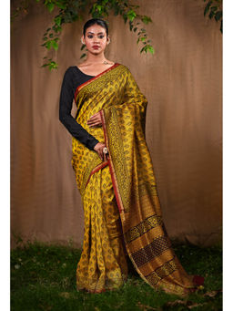 Unnati Silks - Yellow Pure Bagru Block Printed Chanderi Sico Saree With Unstitched Blouse