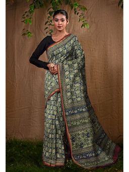 Unnati Silks - Blue Pure Bagru Block Printed Chanderi Sico Saree With Unstitched Blouse