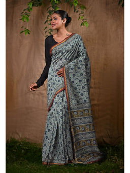 Unnati Silks - Blue Pure Bagru Block Printed Chanderi Sico Saree With Unstitched Blouse