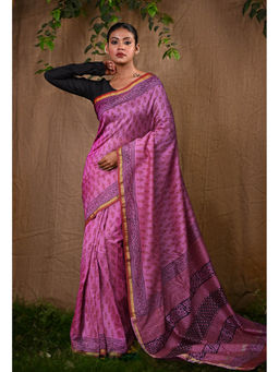 Unnati Silks - Pink Pure Bagru Block Printed Chanderi Sico Saree With Unstitched Blouse