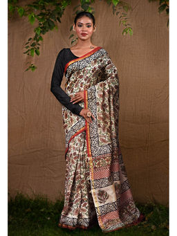 Unnati Silks - Cream Pure Bagru Kalamkari Printed Chanderi Sico Saree With Unstitched Blouse