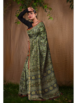 Unnati Silks - Green Pure Bagru Block Printed Chanderi Sico Saree With Unstitched Blouse