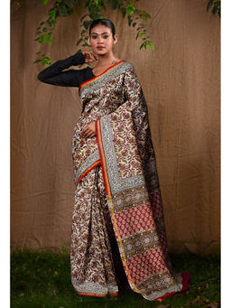 Unnati Silks - Pure Bagru Kalamkari Printed Chanderi Sico Saree With Unstitched Blouse