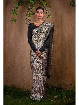 Unnati Silks - Pure Bagru Kalamkari Printed Chanderi Sico Saree With Unstitched Blouse