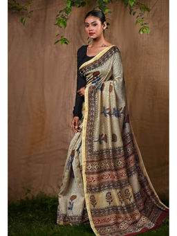 Unnati Silks - Pure Bagru Kalamkari Printed Chanderi Sico Saree With Unstitched Blouse