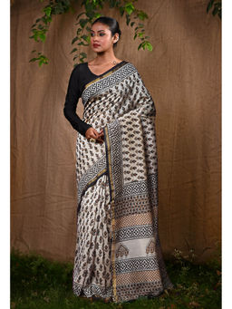 Unnati Silks - Pure Bagru Kalamkari Printed Chanderi Sico Saree With Unstitched Blouse
