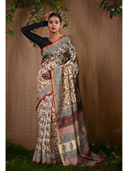 Unnati Silks - Pure Bagru Kalamkari Printed Chanderi Sico Saree With Unstitched Blouse