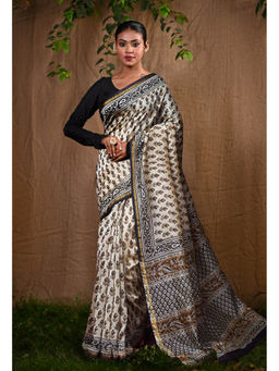 Unnati Silks - Pure Bagru Kalamkari Printed Chanderi Sico Saree With Unstitched Blouse