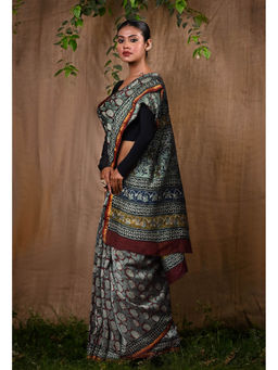 Unnati Silks - Pure Bagru Block Printed Chanderi Sico Saree With Unstitched Blouse