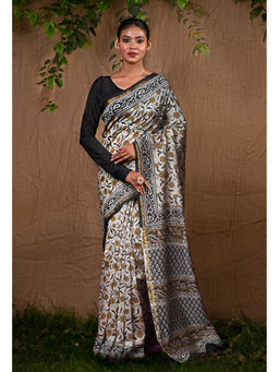Unnati Silks - Pure Bagru Kalamkari Printed Chanderi Sico Saree With Unstitched Blouse