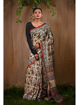 Unnati Silks - Pure Bagru Kalamkari Printed Chanderi Sico Saree With Unstitched Blouse