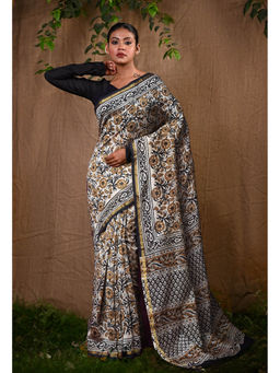Unnati Silks - Pure Bagru Kalamkari Printed Chanderi Sico Saree With Unstitched Blouse