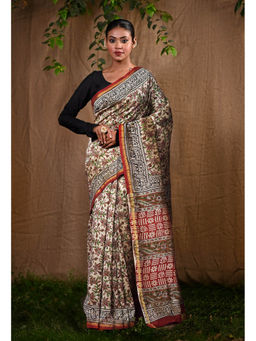 Unnati Silks - Pure Bagru Kalamkari Printed Chanderi Sico Saree With Unstitched Blouse