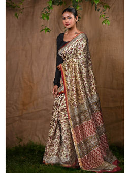 Unnati Silks - Pure Bagru Kalamkari Printed Chanderi Sico Saree With Unstitched Blouse