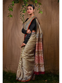 Unnati Silks - Pure Bagru Kalamkari Printed Chanderi Sico Saree With Unstitched Blouse