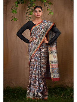 Unnati Silks - Pure Bagru Kalamkari Printed Chanderi Sico Saree With Unstitched Blouse