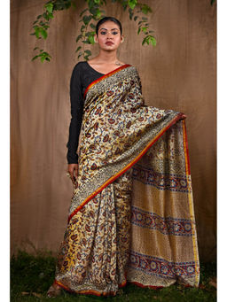 Unnati Silks - Pure Bagru Kalamkari Printed Chanderi Sico Saree With Unstitched Blouse