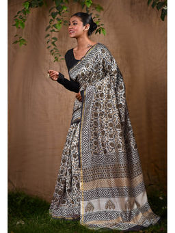 Unnati Silks - Pure Bagru Kalamkari Printed Chanderi Sico Saree With Unstitched Blouse