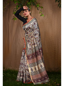 Unnati Silks - Pure Bagru Kalamkari Printed Chanderi Sico Saree With Unstitched Blouse