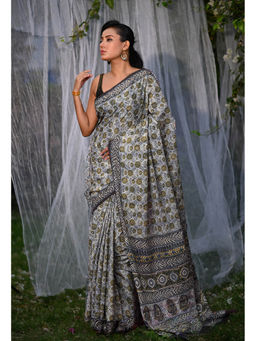 Unnati Silks - Grey Pure Bagru Block Printed Soft Cotton Saree With Unstitched Blouse