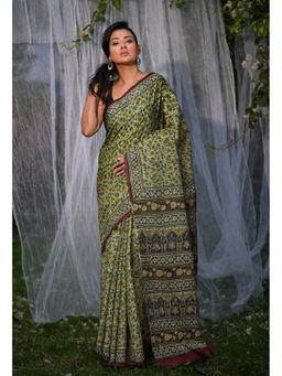 Unnati Silks - Green Pure Bagru Block Printed Soft Cotton Saree With Unstitched Blouse